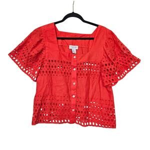 Calypso St. Barth Large Red Eyelet Button Up Flutter Short Sleeve